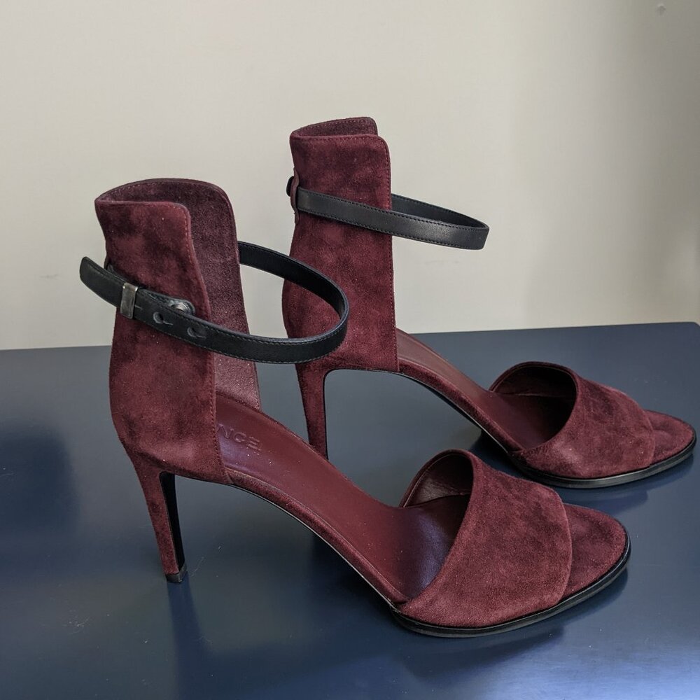 Vince Burgundy Suede Open-Toe Ankle Strap Heels with Black Strap